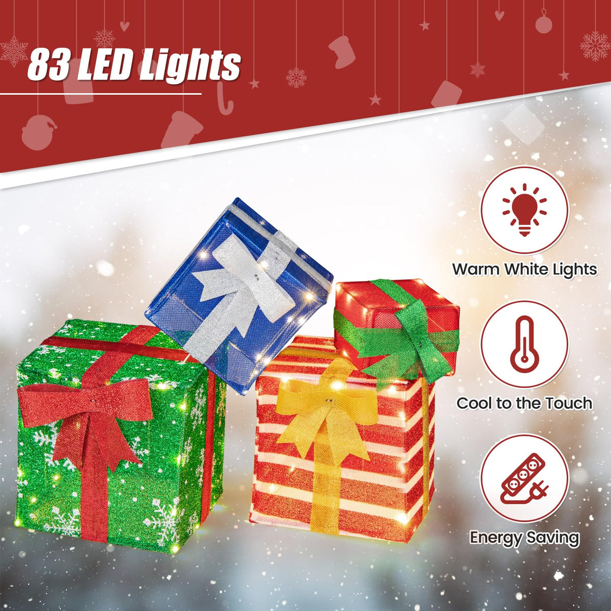 Lucktree Lighted Gift Boxes, Set of 4 Stackable Pre-lit Box Decorations with Warm White LED Lights & Pre-Assembled Ribbons