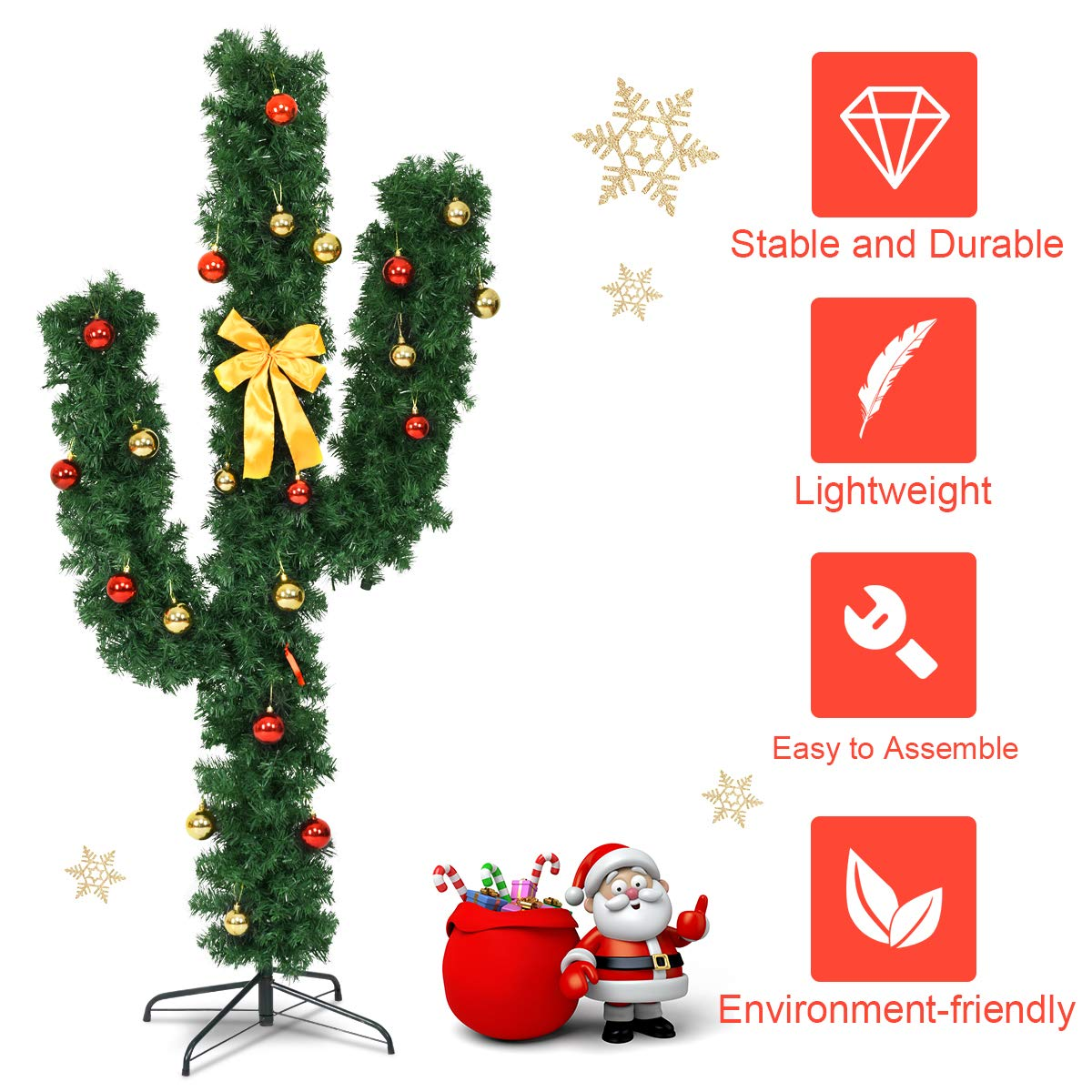 Lucktree Pre-Lit Artificial Cactus Christmas Tree with LED Lights and Ball Ornaments - LucktreeUS