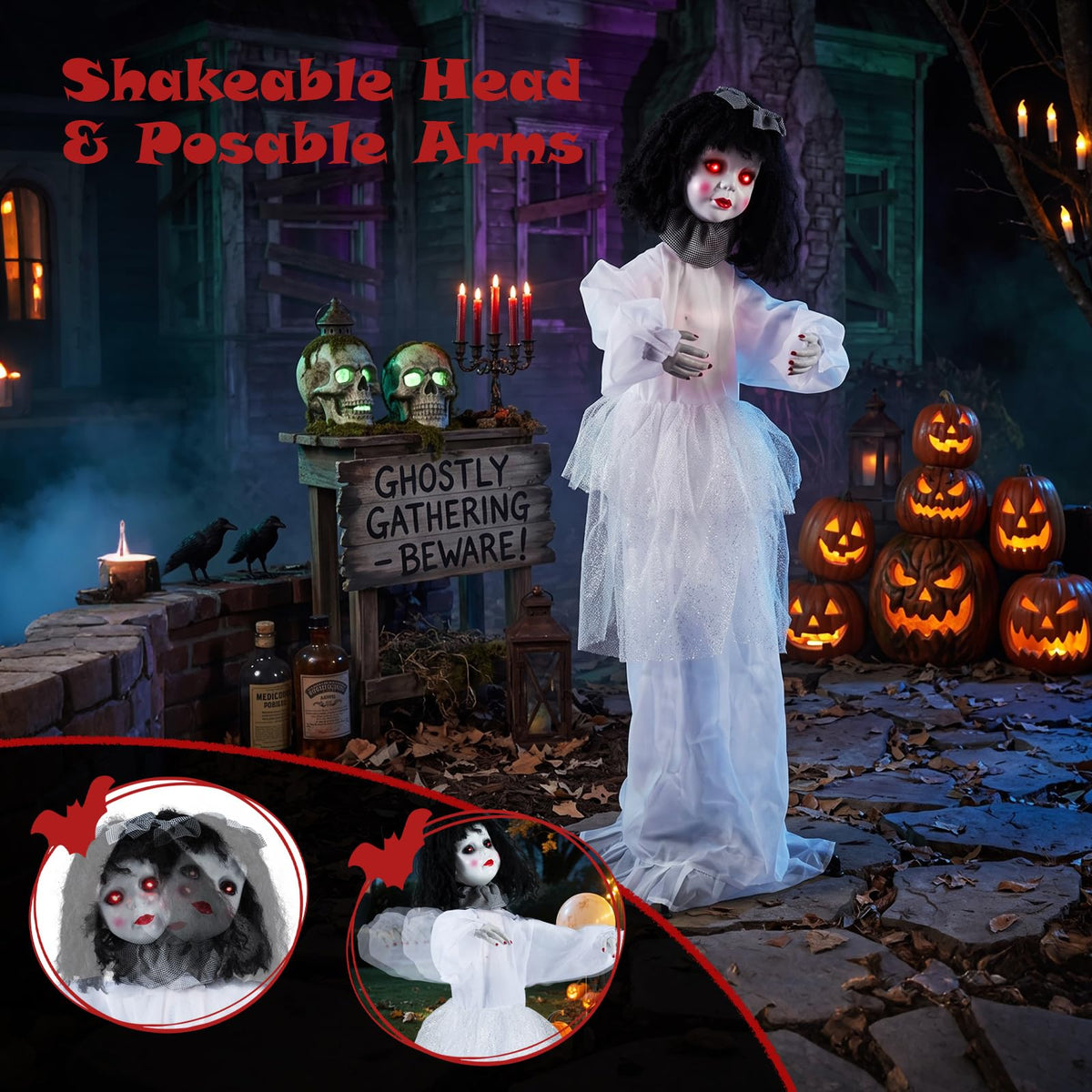 Lucktree 4 FT Animated Halloween Doll Girl with Shaking Head & Posable Arms