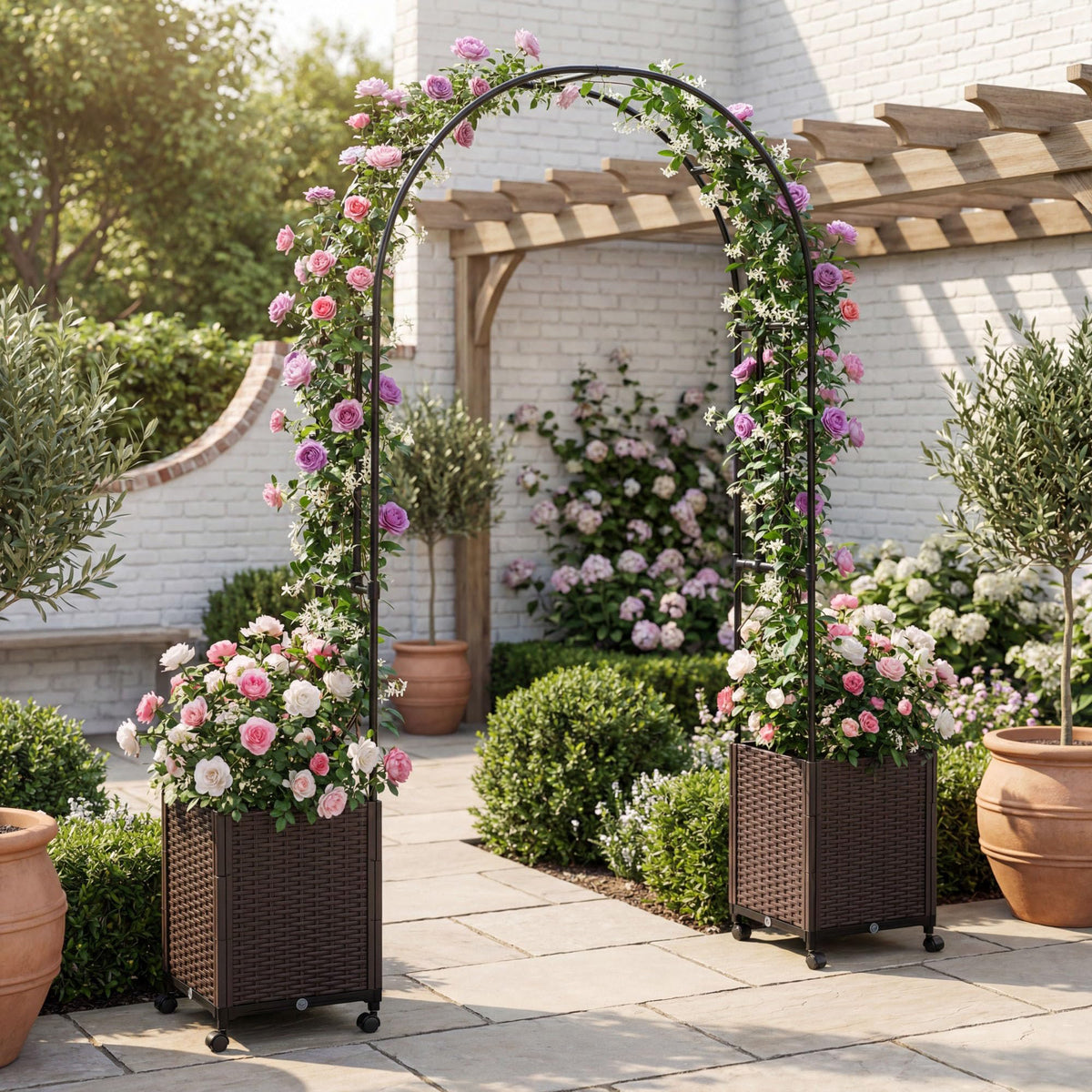 Lucktree Metal Garden Arch Trellis Arbor with 2 Self-Watering Planter Boxes