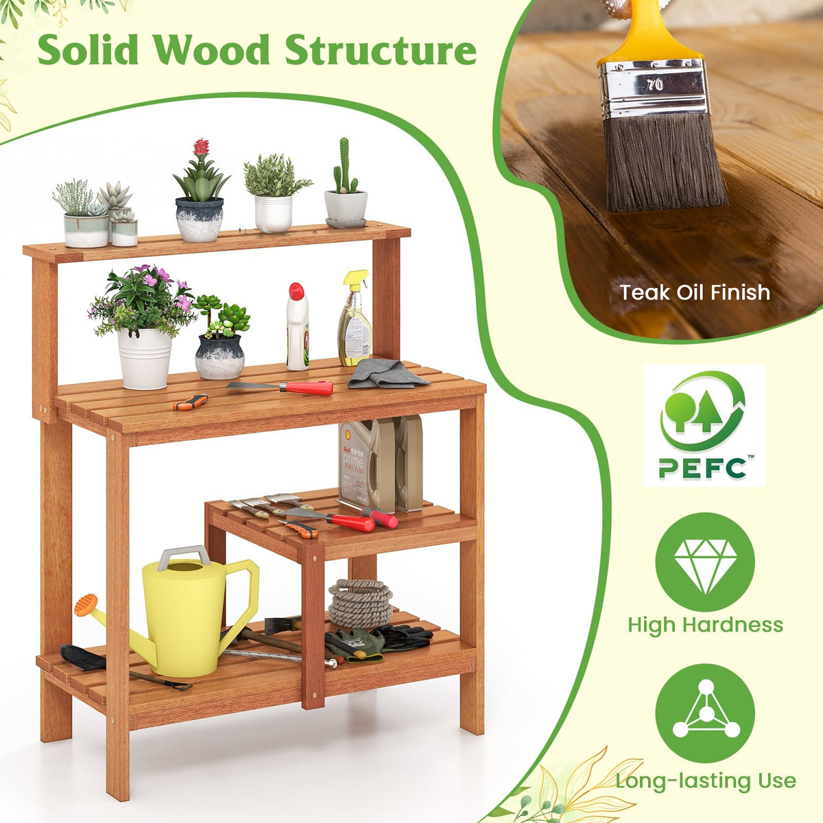 Lucktree 4-Tier Potting Bench, Solid Wood Gardening Workstation w/Open Storage Shelves