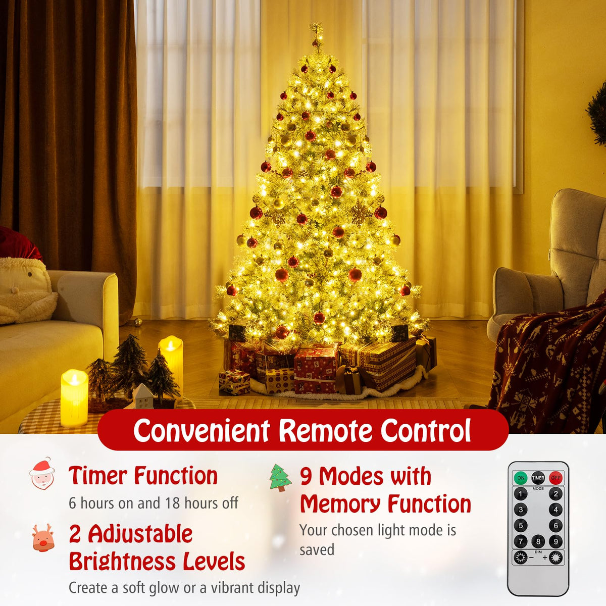 Lucktree 6ft / 7.5ft / 9ft Pre-Lit Artificial Christmas Tree with 360° Quick Power Connector