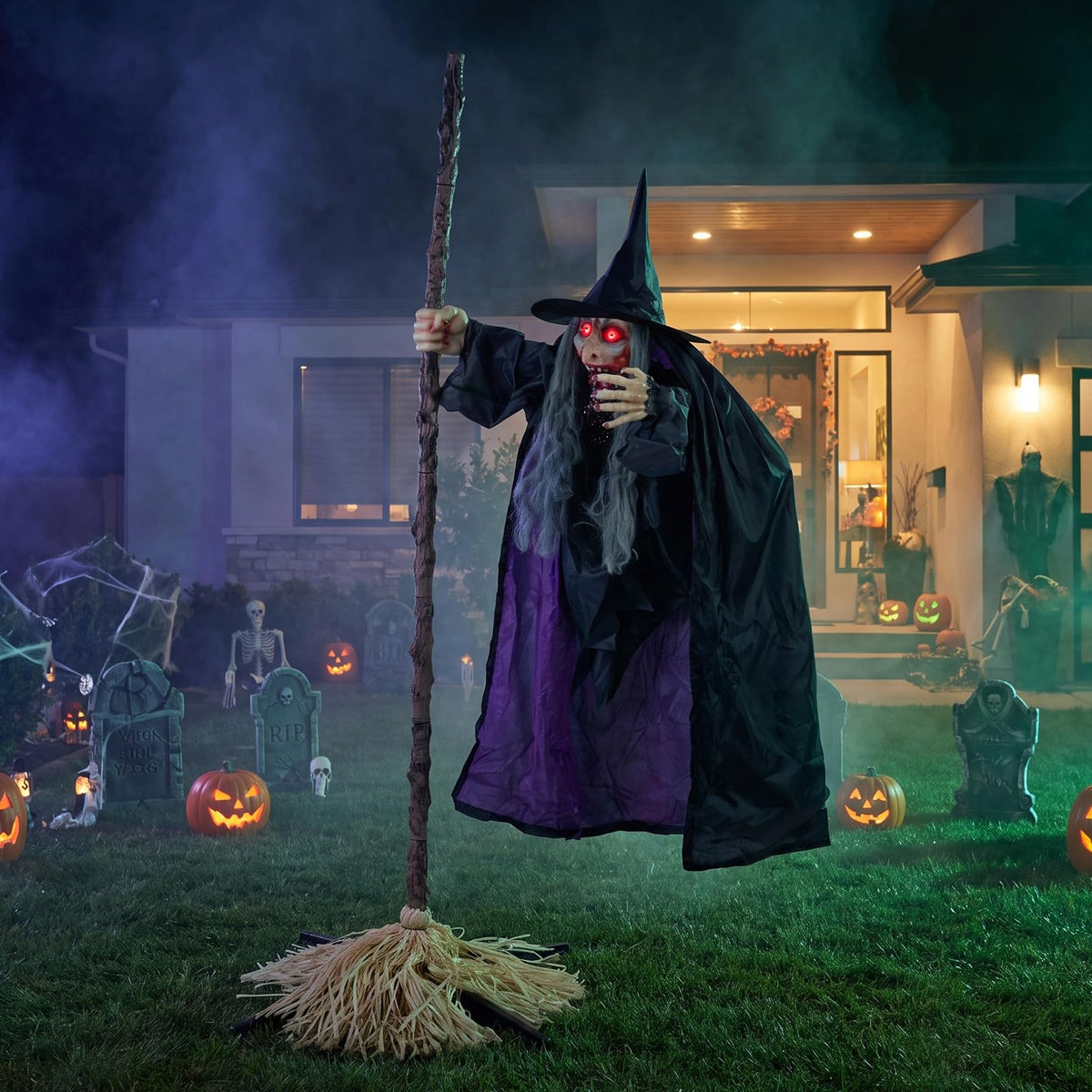 Lucktree 6.6 FT Halloween Animatronics Flying Witch on Broom Decorations