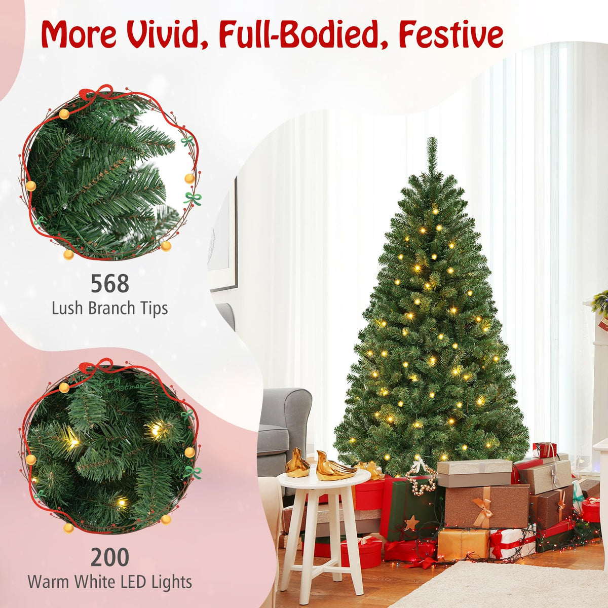 Lucktree 6ft Pre-Lit Christmas Tree, Artificial Hinged Xmas Tree with 200 Warm White LED Lights