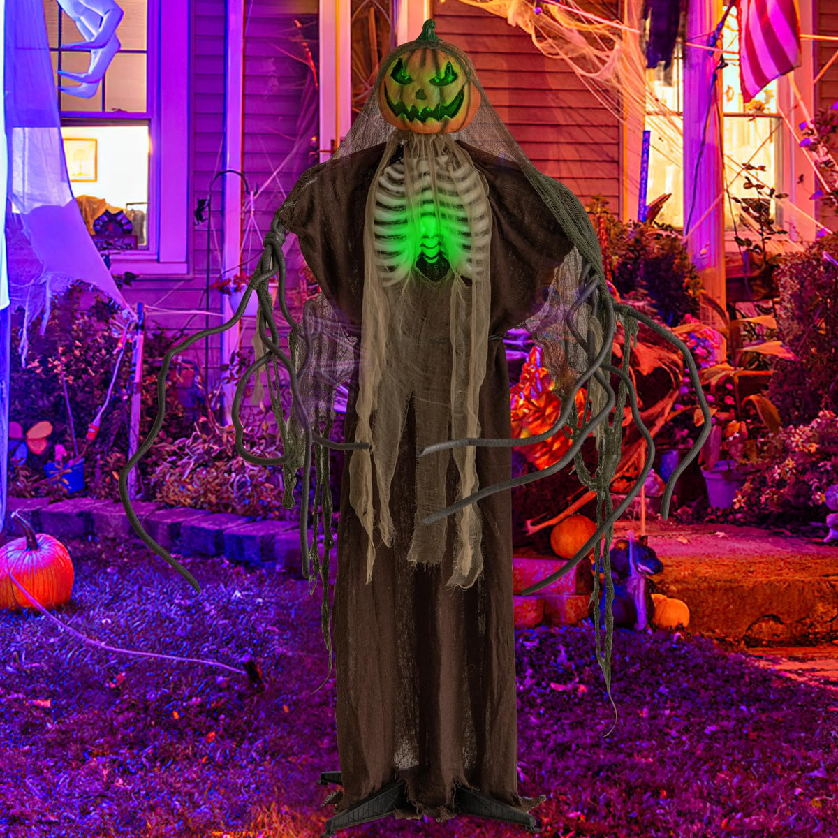 Lucktree 6 FT Halloween Light Up Talking Ghost Pumpkin with Glowing Ribs and Moving Head
