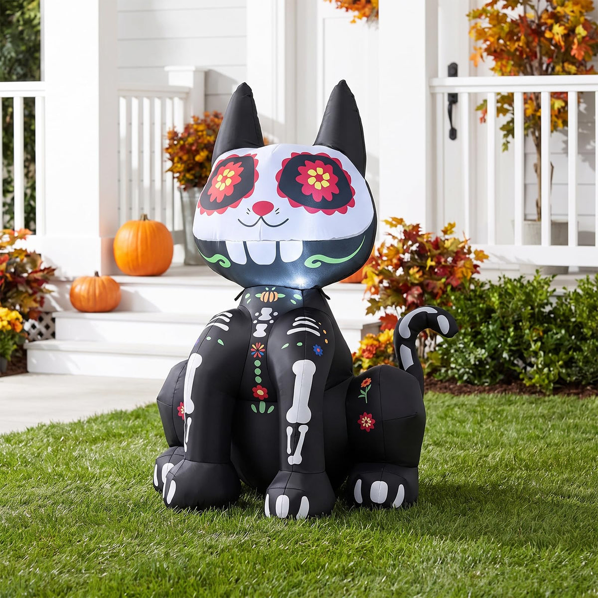 Lucktree 4 FT Day of the Dead Inflatable Skull Black Cat with LED Lights