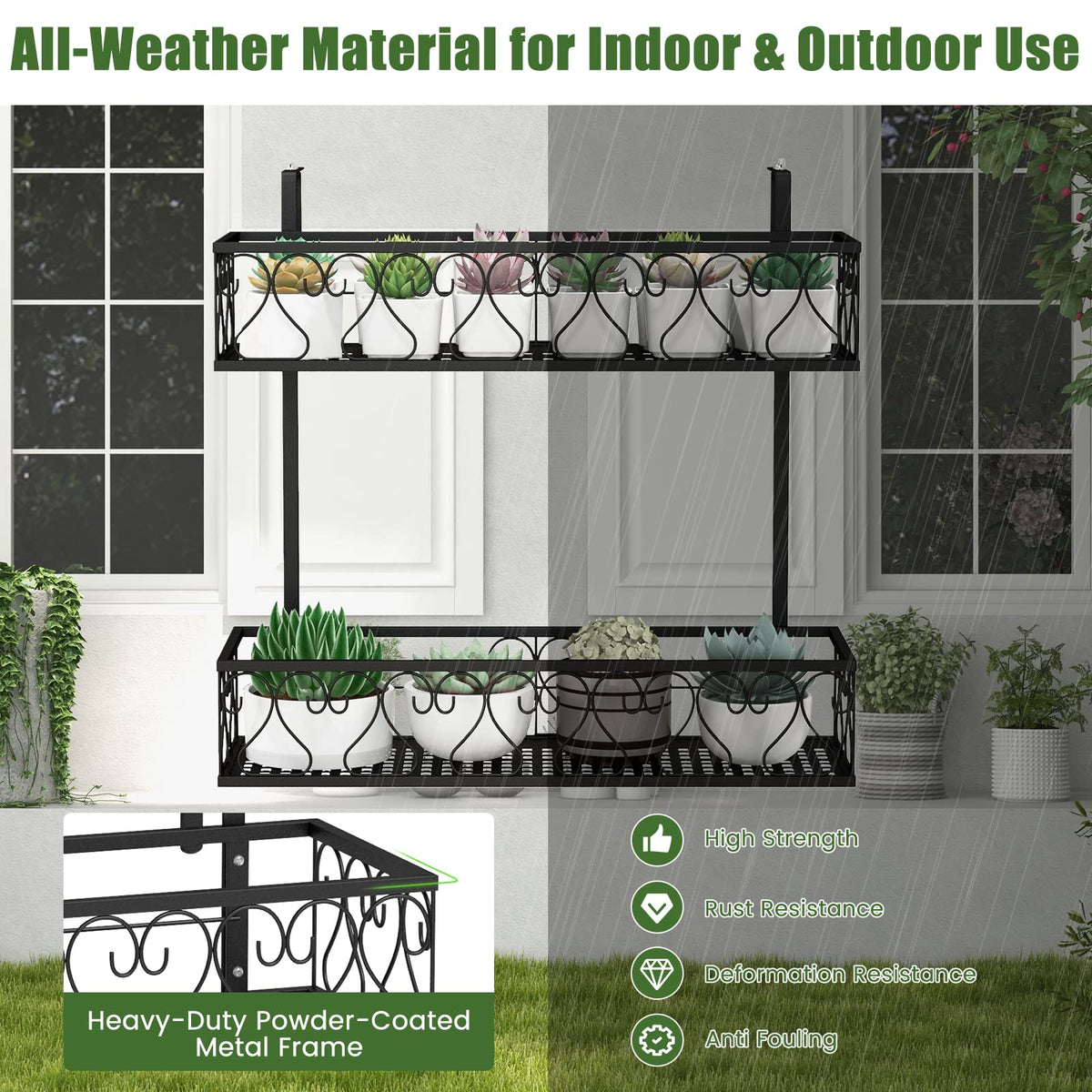 Lucktree Balcoy Flower Pot Stand Rack w/ Adjustable Hooks & 2 Planter Baskets