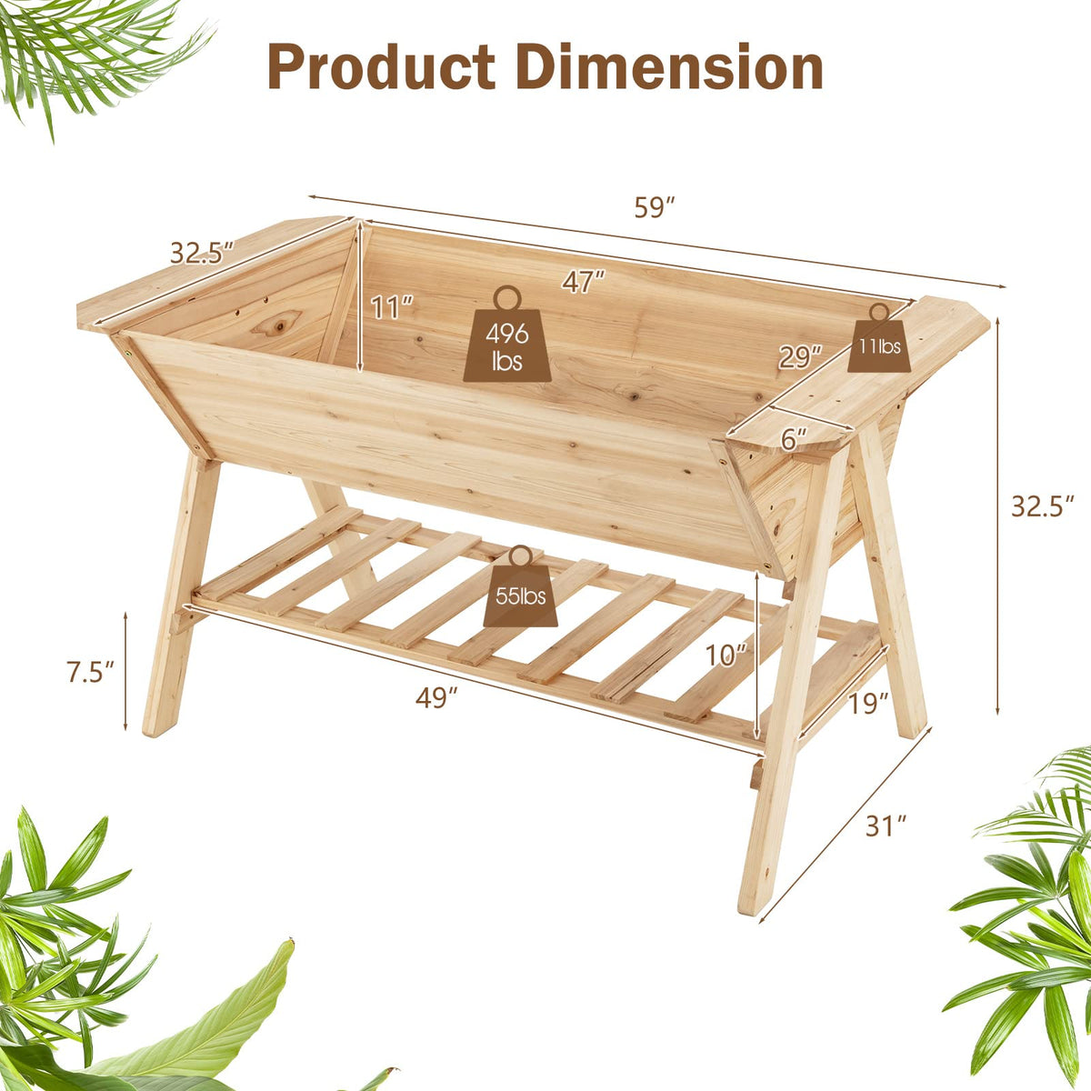 Lucktree Plant Raised Bed 2 Tiers Garden Bed, Outdoor Fir Wood Plant Container with Storage Shelf