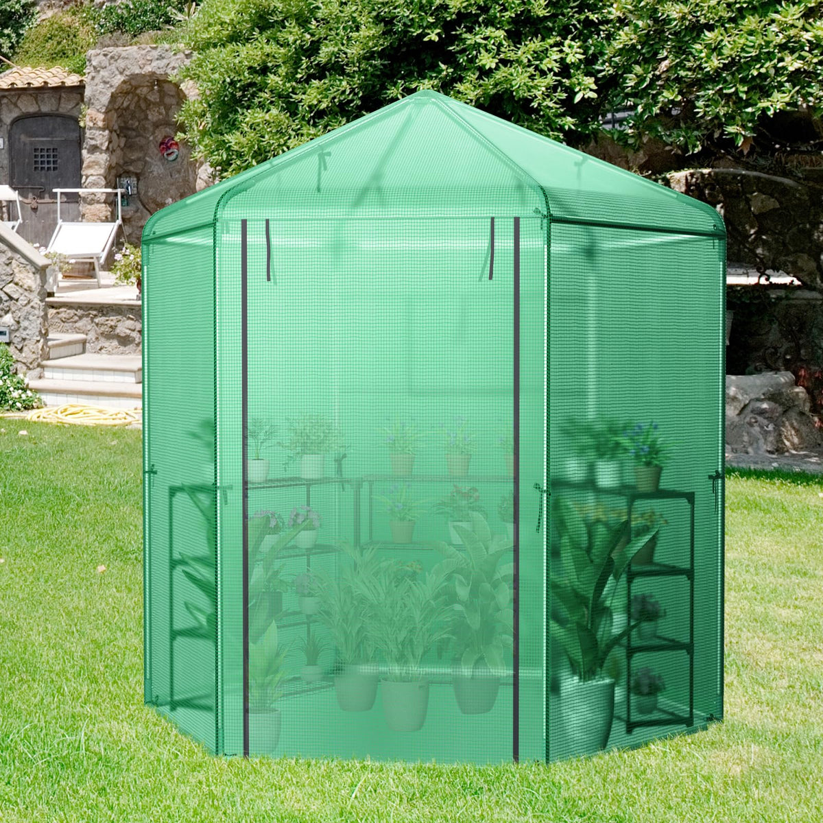 Lucktree 7 x 6 x 7.5 FT Greenhouse, Large Hexagonal Walk in Greenhouse Outdoor with Heavy-Duty Metal Frame