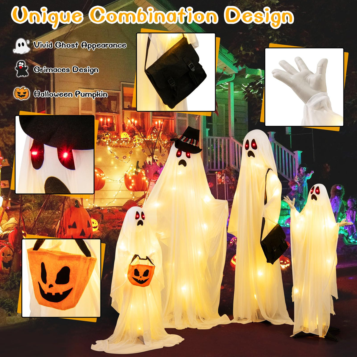 Lucktree Halloween Light Up Family Ghosts, 4 PCS LED Glowing Halloween Ghosts