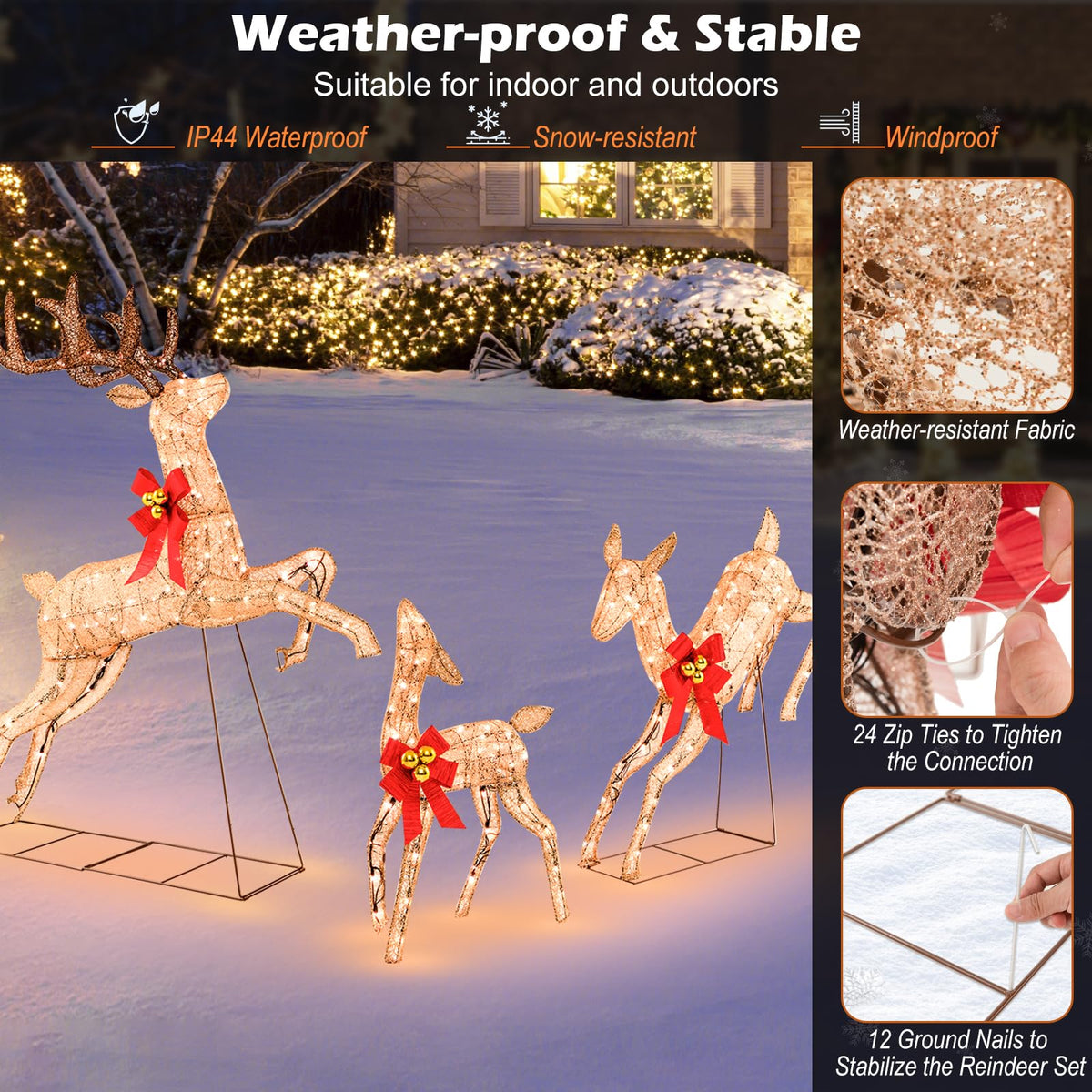 Lucktree 3 Pieces Light up Christmas Reindeers Pre-lit Glittering Reindeer Family Set