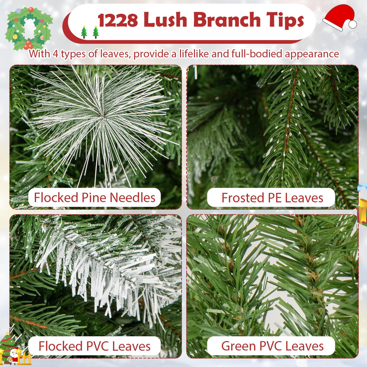Lucktree 6ft / 7.5ft / 9ft Pre-Lit Pencil Christmas Tree with Flocked Frosted Tips & LED Lights