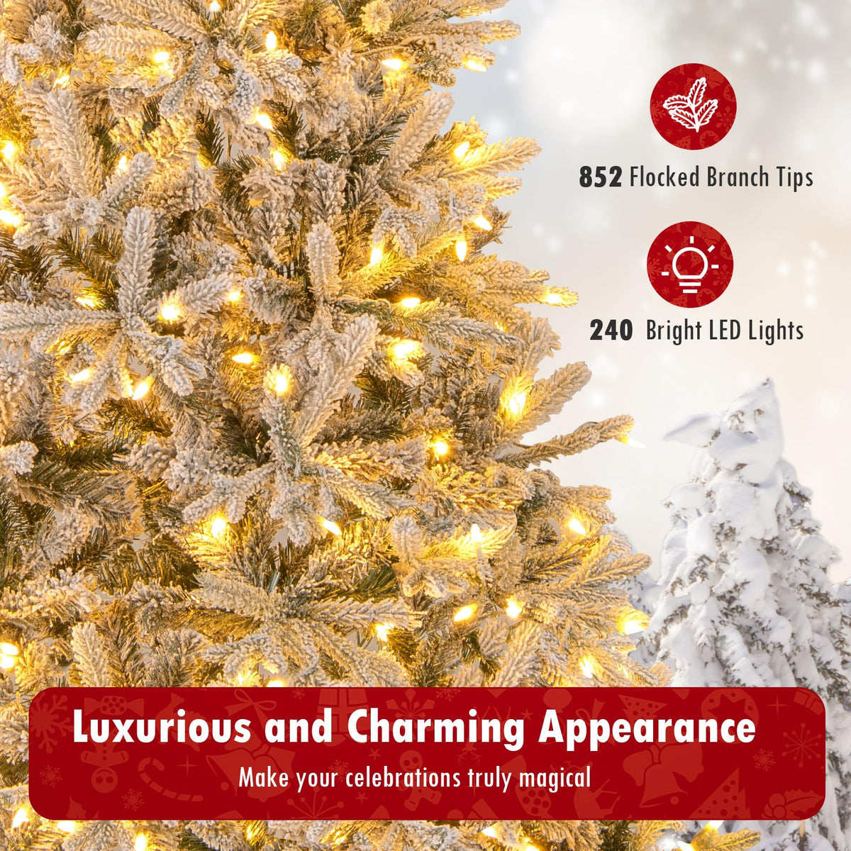 Lucktree 7 FT Half Snow Flocked Christmas Tree with 240 Warm White & Multicolored LED Lights