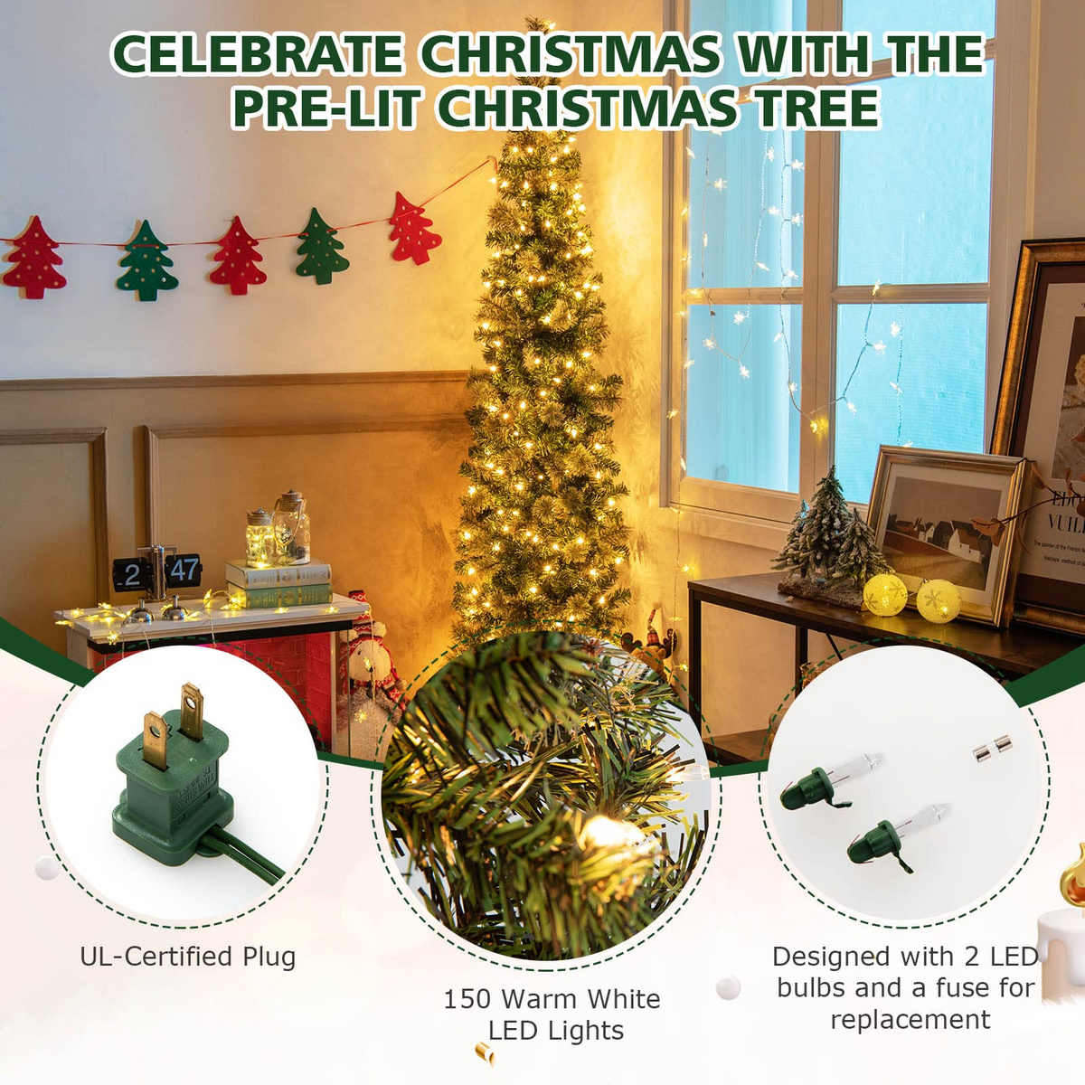 Lucktree 7ft Pre-Lit Half-Shape Christmas Tree, Artificial Xmas Tree W/ 403 Branch Tips - LucktreeUS