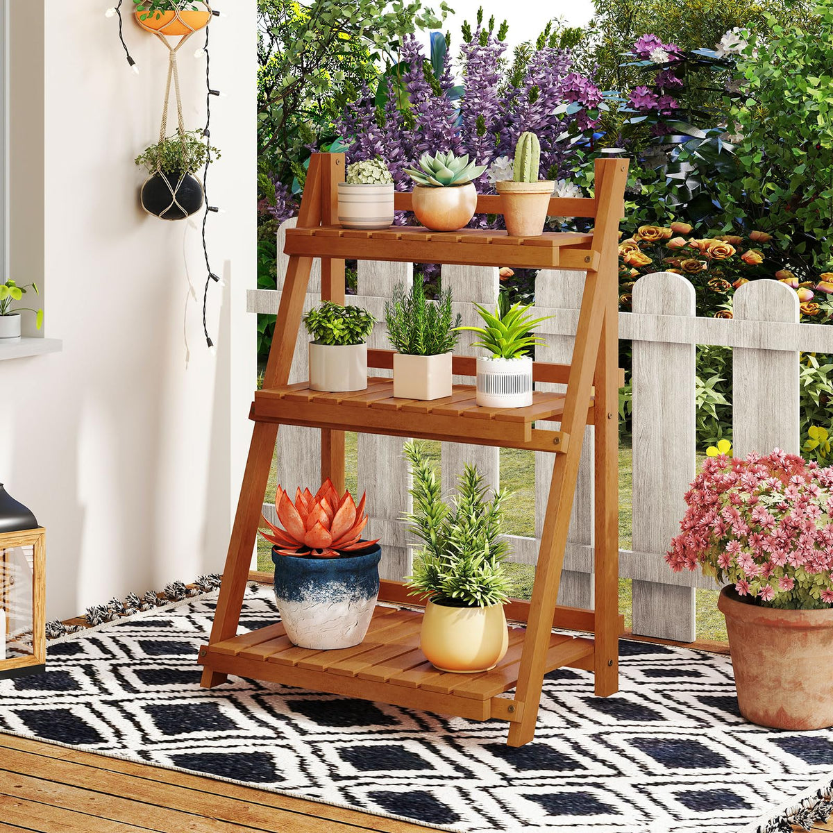 Lucktree Foldable Ladder Plant Shelf 3-Tier Solid Wood Indoor Outdoor Flower Pot Display Rack