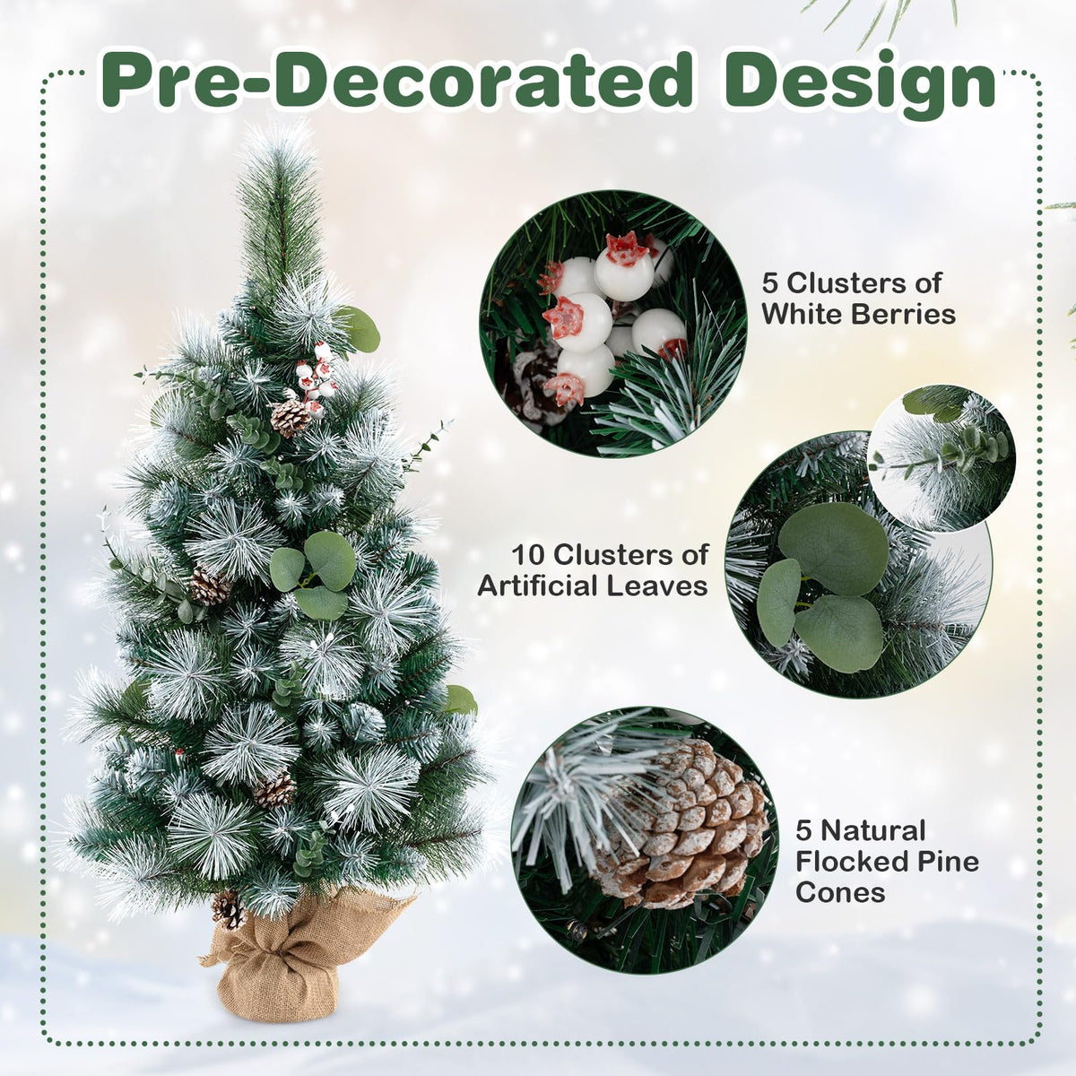 Lucktree 3ft Pre-Lit Mini Tabletop Christmas Tree with 30 Warm White LED Lights, Timer, 98 Flocked PVC & Pine Needles