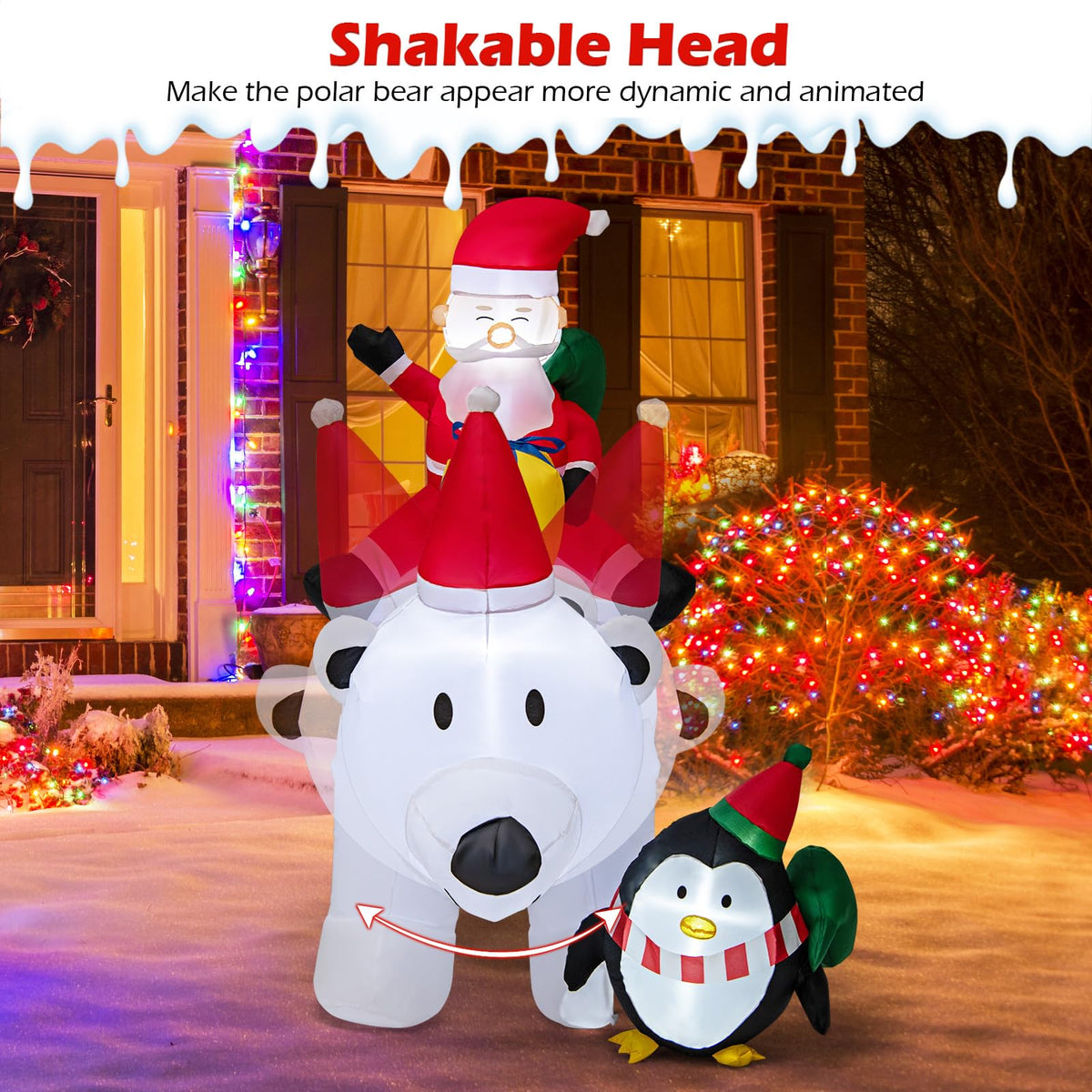 Lucktree 7FT Christmas Inflatables, LED Lighted Xmas Inflatable Polar Bear with Shaking Head, Santa & Penguin