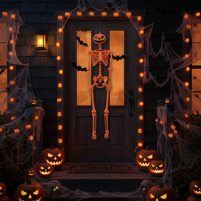Lucktree 5.2 Ft Life-Size Posable Skeleton with Pumpkin Head Halloween Orange Skeleton Decoration