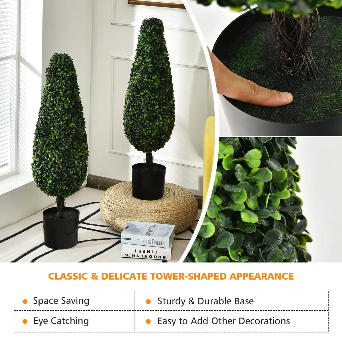 Lucktree 3ft Artificial Boxwood Tower Topiary Trees, 2 Pack Faux Decorative Plants in Cement-Filled Plastic Pot - LucktreeUS