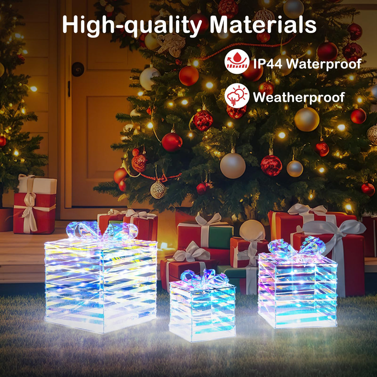 Lucktree 3 Pieces Christmas Lighted Gift Boxes, 90 LED Light up Present Boxes with Bows, Zip Ties & Ground Stakes