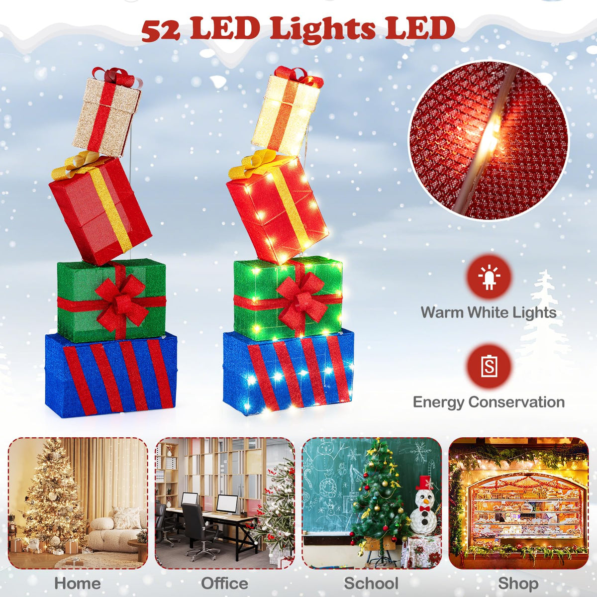 Lucktree Christmas Lighted Gift Boxes Set of 4 | Light Up Present Boxes with Colorful Bows
