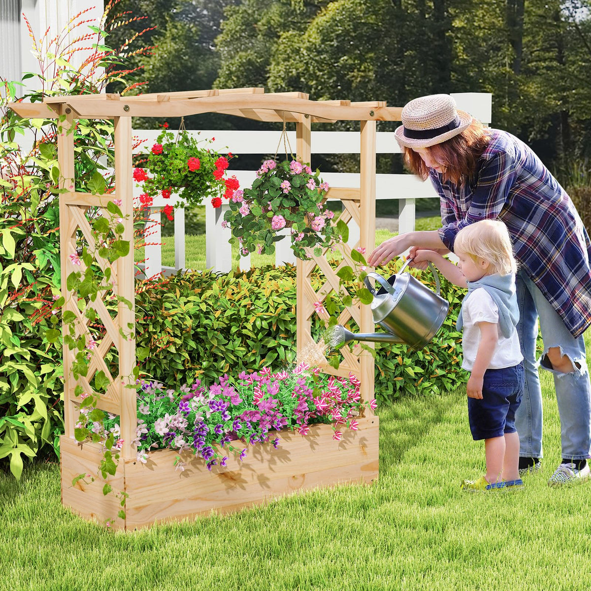 Lucktree Raised Garden Bed with Sided Trellis & Hanging Roof, Wood Planter Box, 44”x14”x45” (L x W x H)