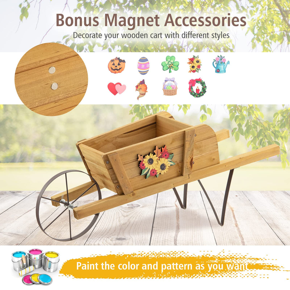 Lucktree Wooden Wagon Planter, Small Wheelbarrow Wagon Flower, Indoor & Outdoor Raised Bed