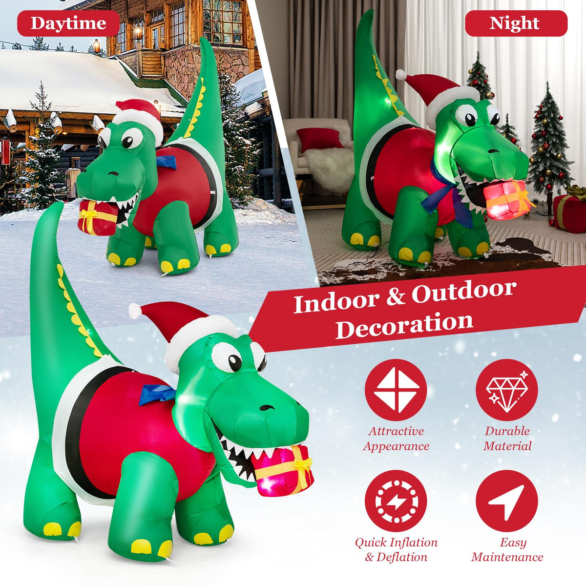 Lucktree 6 FT Lighted Inflatable Christmas Dinosaur Bite a Gift Box