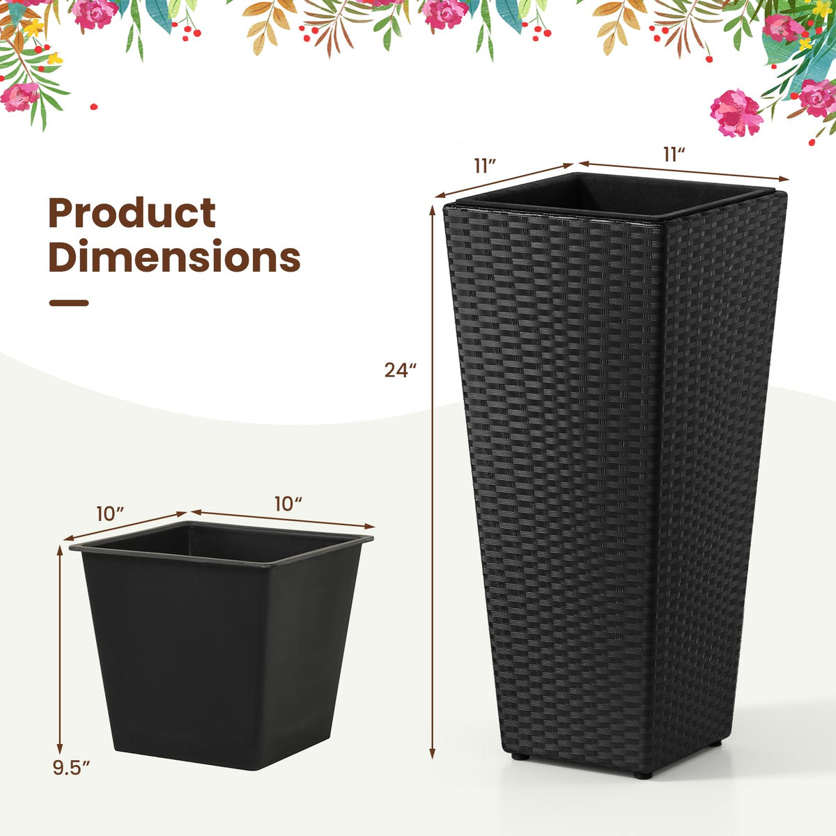 Lucktree Set of 2 Rattan Tall Plant Pots with Detachable Plastic Liners