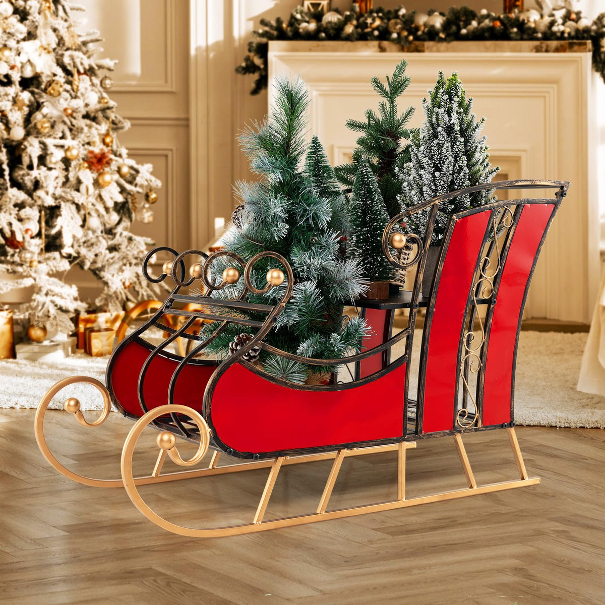Lucktree Metal Christmas Santa Sleigh Basket, Xmas Festival Holiday Decorative Santa’s Sleigh with 2-Tier Storage Shelf