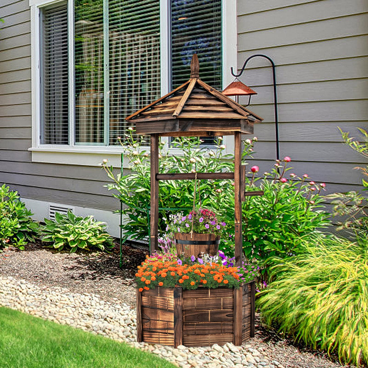 Lucktree Rustic Wooden Wishing Well Planter with Hanging Bucket, Roof Shadow