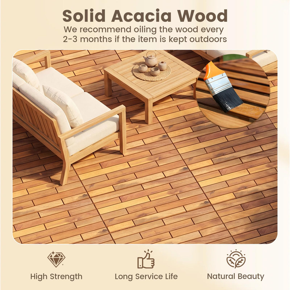 Lucktree 24" x 12" Acacia Wood Deck Tiles with Drainage Base
