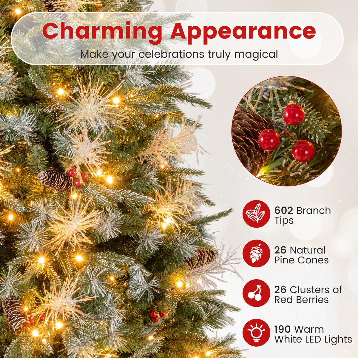 Lucktree 5FT / 6FT / 7FT Pre-Lit Artificial Christmas Tree with LED Lights Pine Cones Berries