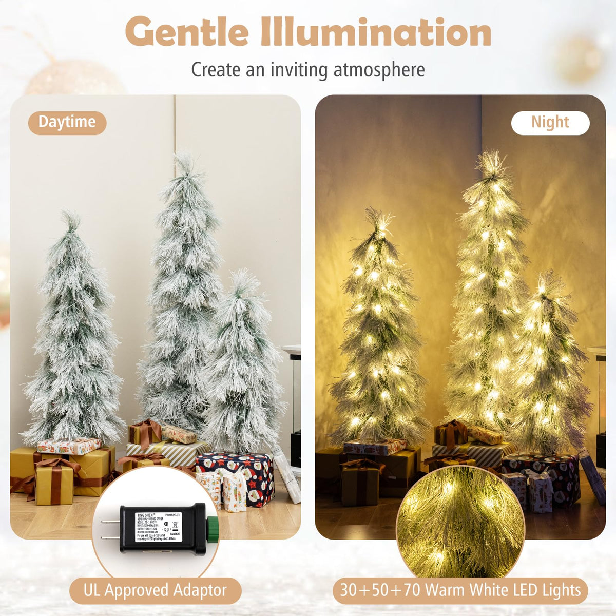 Lucktree 3' 4' 5' Pre-Lit Snow Flocked Christmas Tree Set of 3 | Holiday Seasonal Decor