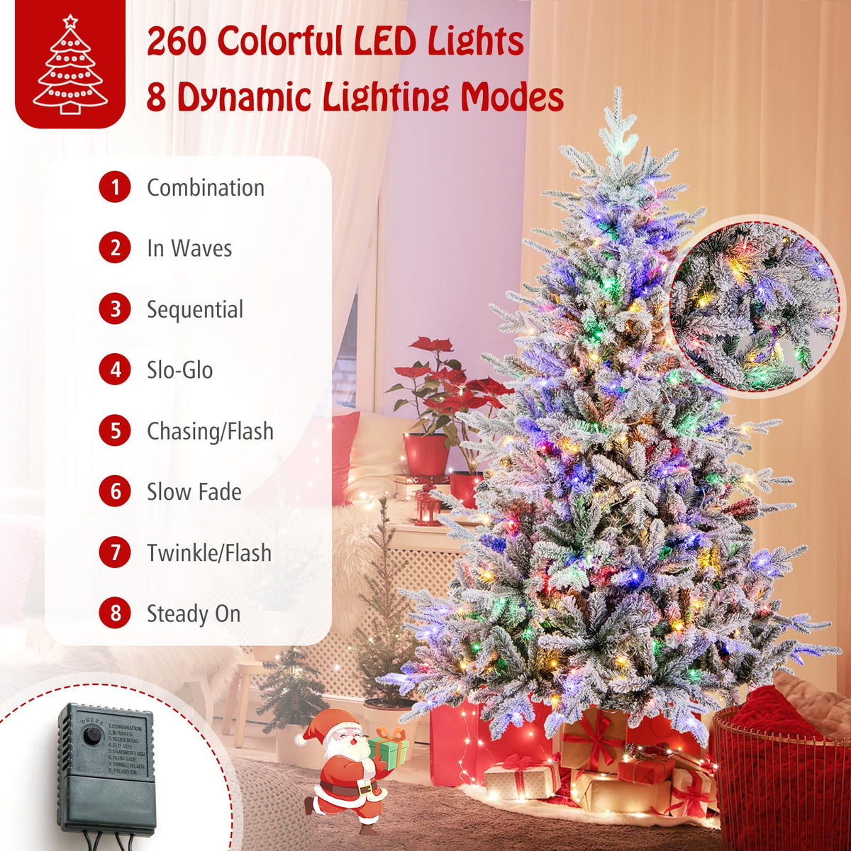 Lucktree 6ft Pre-Lit Snow Flocked Christmas Tree, Artificial Hinged Full Xmas Tree with 260 Multicolored LED Lights