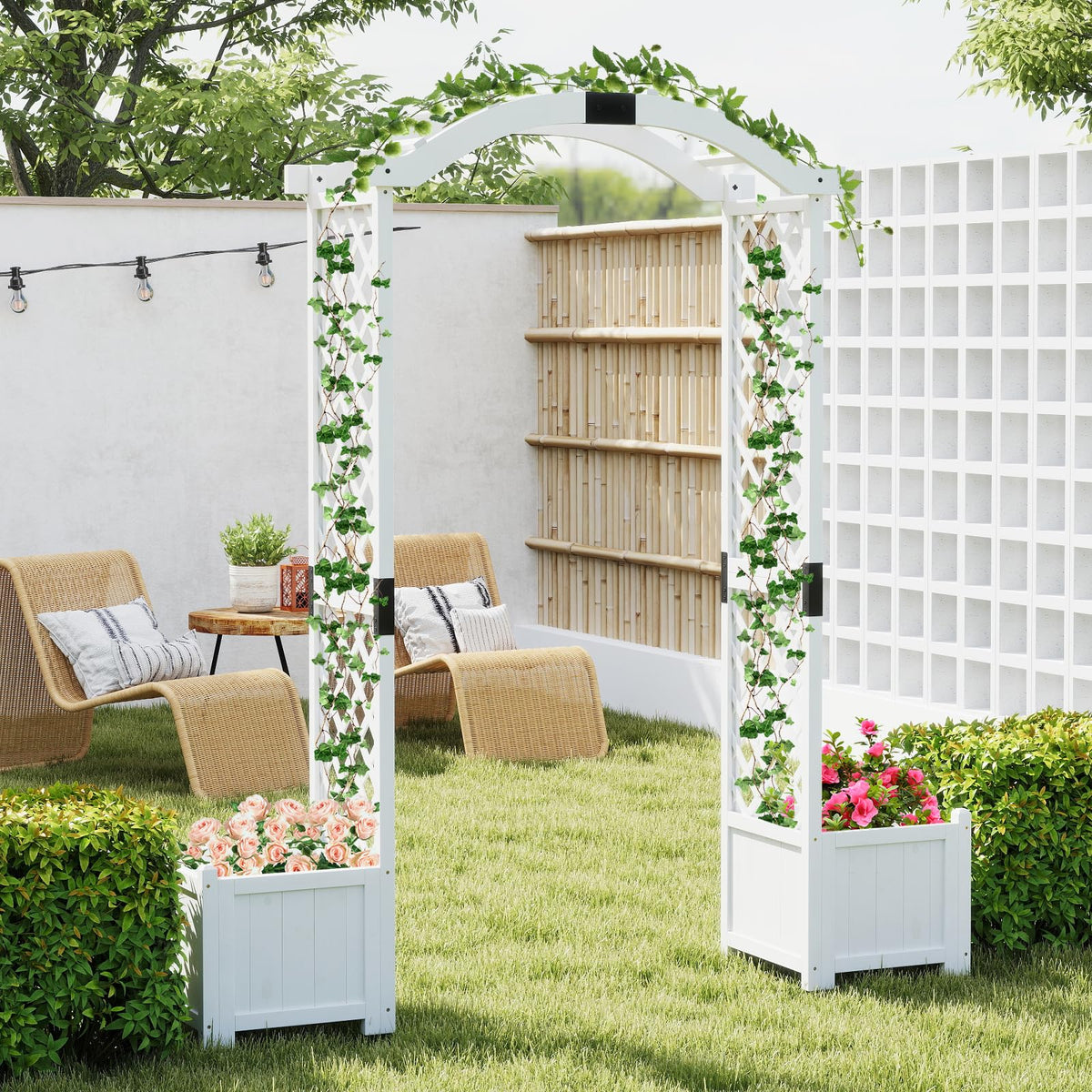 Lucktree Garden Arbor with Planter, Wooden Planter Arch with Trellis, Outdoor Arch for Climbing Plants