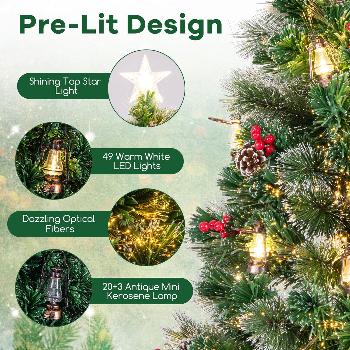 Lucktree Pre-Lit Fiber Optic Christmas Tree, Artificial Snowy Xmas Tree with Warm White LED Lights