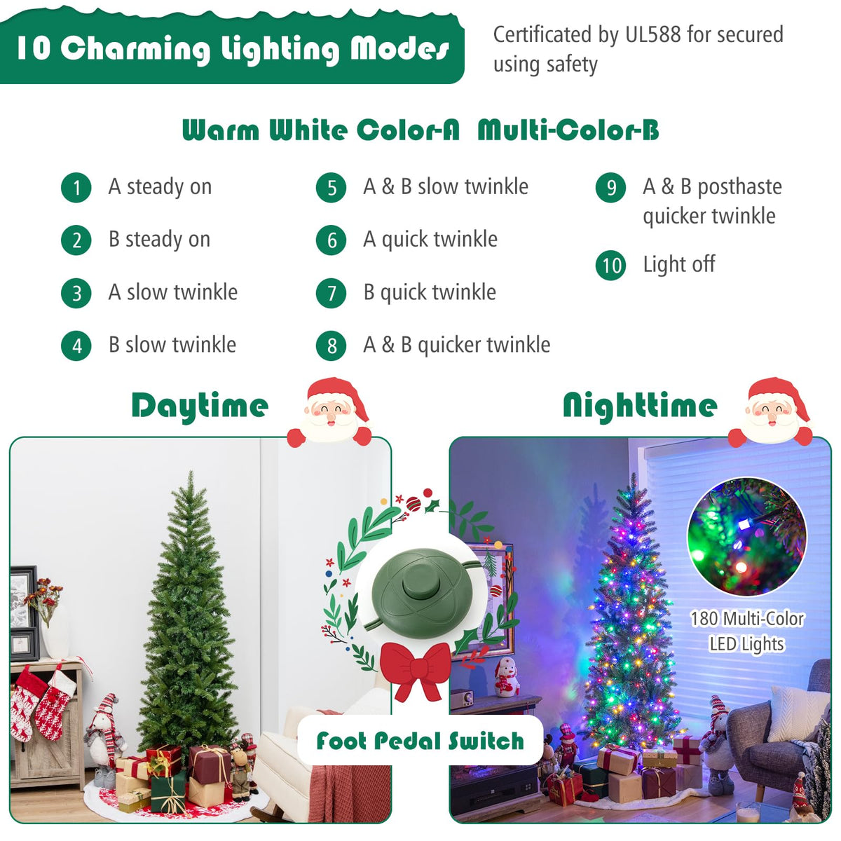 Lucktree 5ft Pre-Lit Pencil Christmas Tree, Hinged Artificial Slim Tree with 390 PVC PE Branch Tips