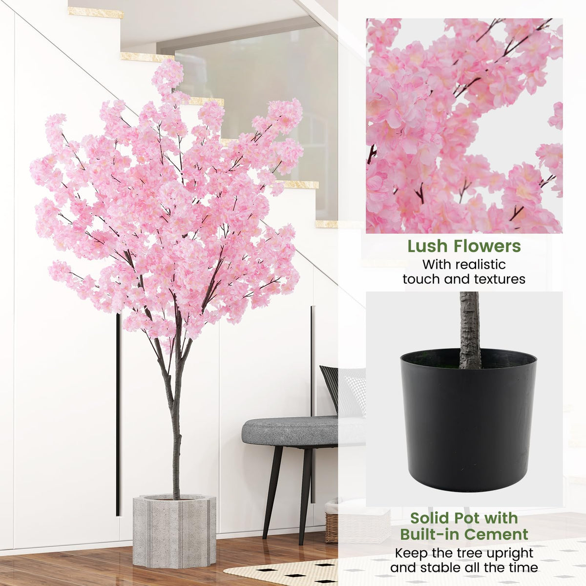 Lucktree 6.5FT Artificial Cherry Blossom Tree, Pink Fake Flower Tree, Faux Floral Plant Blooming Tree in Cement Pot