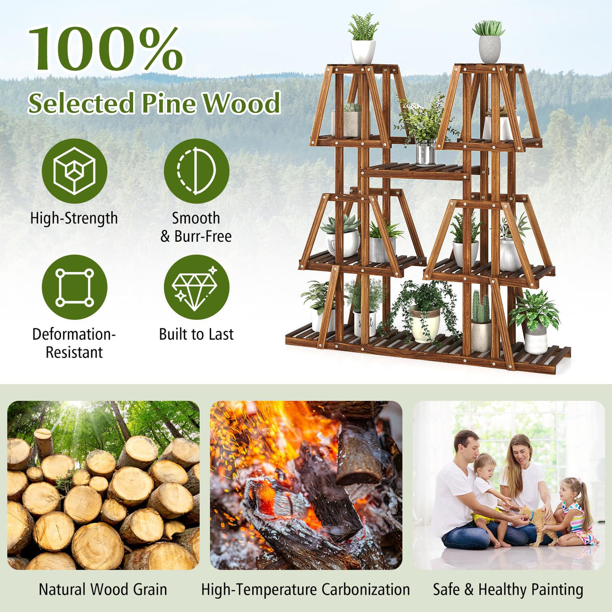 Lucktree Wood Plant Stand, 5-Tier 10 Potted Trapezoid Plant Holder Rack for Multiple Plants