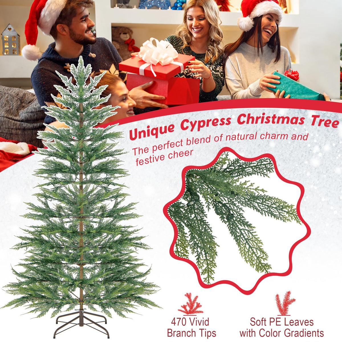 Lucktree 6.5ft / 7.5ft Simulated Artificial Cypress Xmas Tree with Warm-White Fairy LED Lights