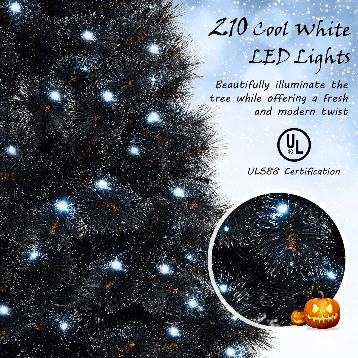 Lucktree 6/7/8 ft Pre-Lit Black Halloween Christmas Tree, Artificial Hinged Xmas Full Tree with 362/572/860 Pine Needles & PVC Branch Tips