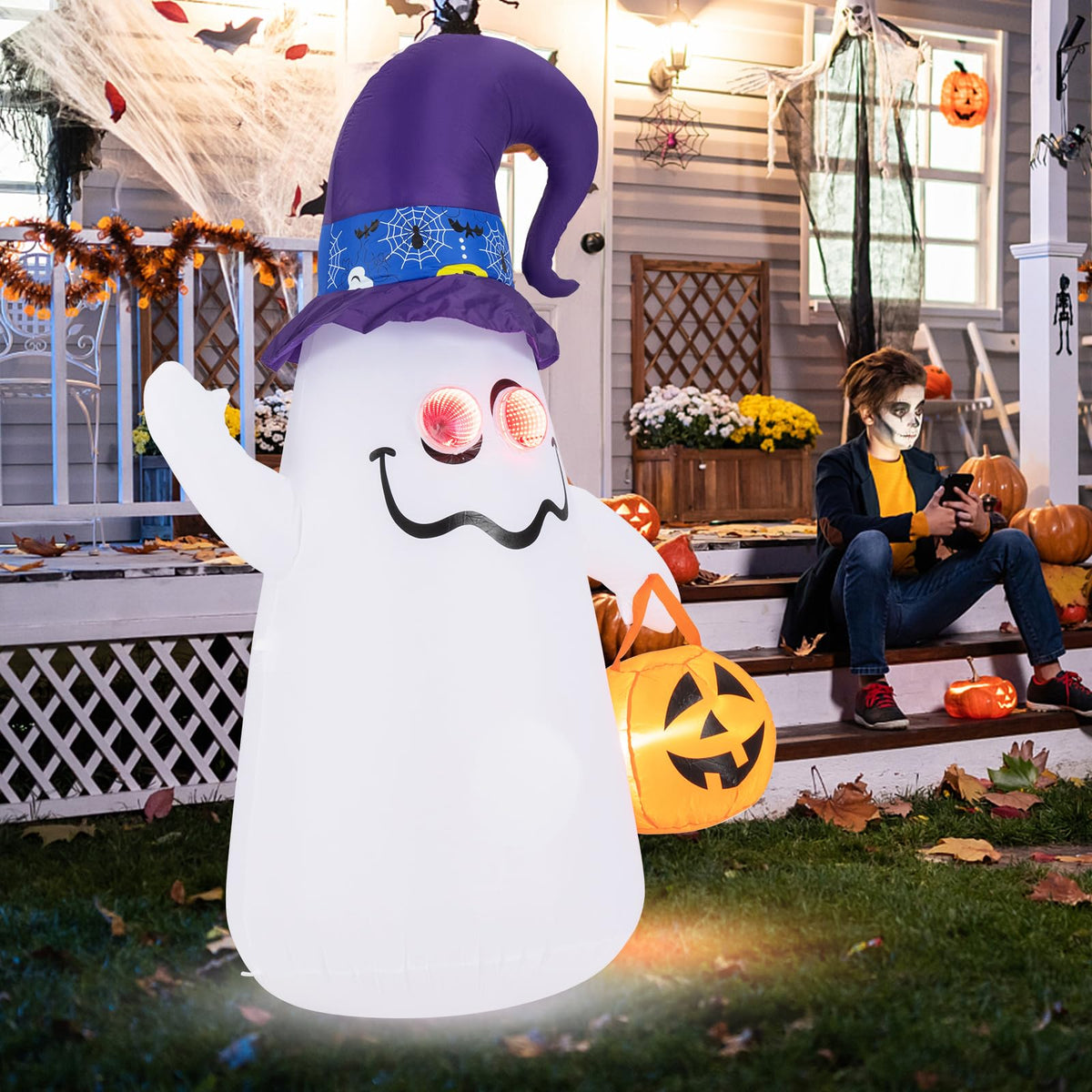 Lucktree 6 FT Halloween Inflatable Cute Ghost with Jack-O-Lantern
