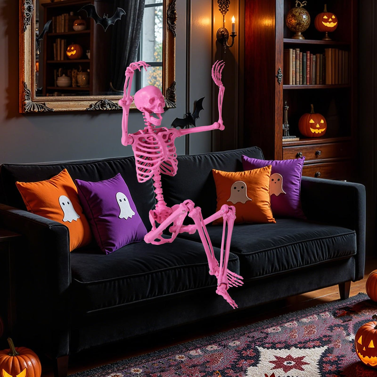 Lucktree 5.5 FT Halloween Pink Skeleton Life-Size Poseable Skeleton with Movable Joints