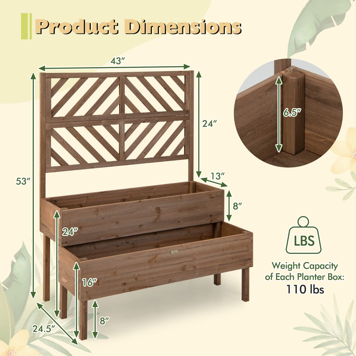 Lucktree Raised Garden Bed with Trellis, 2-Tier Wooden Planter Box with Legs and Drain Holes (Brown)