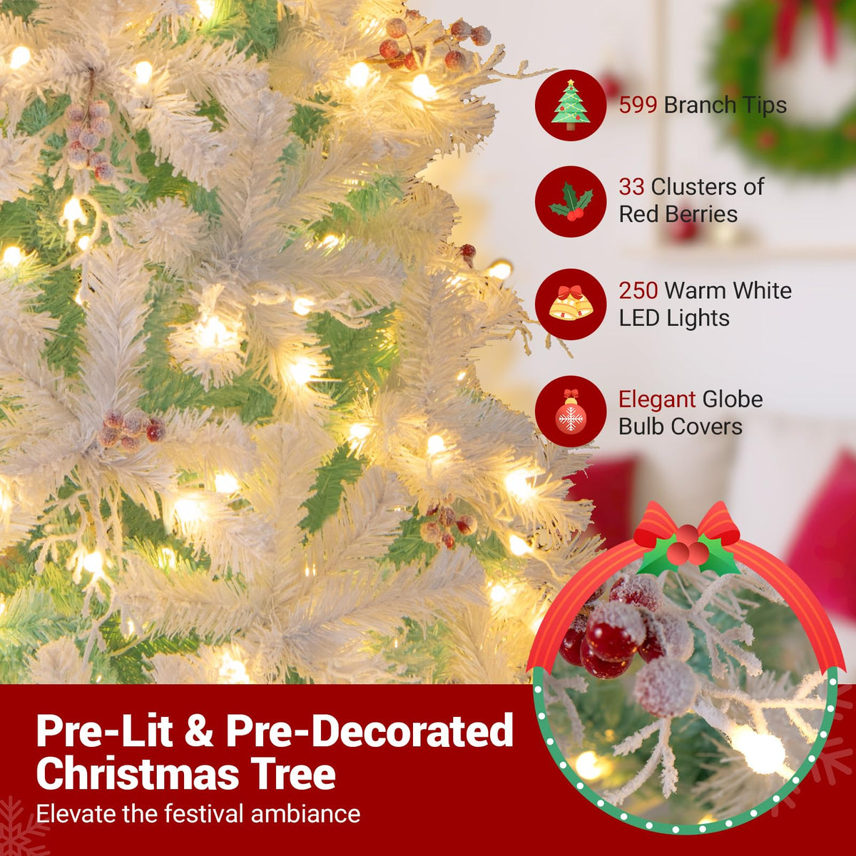 Lucktree 6FT / 7FT Hinged Lighted Xmas Tree with Snow Flocked Branch Tips & LED Lights
