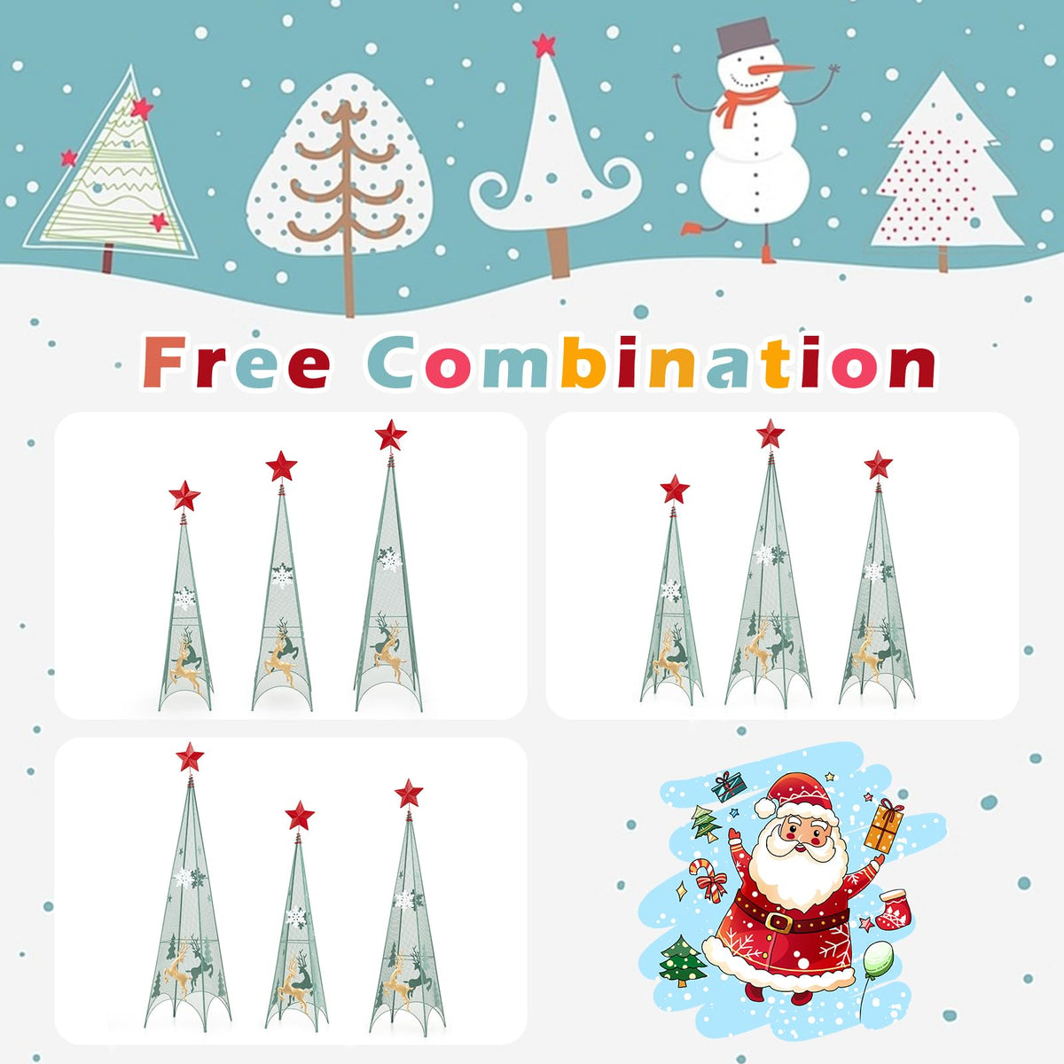 Lucktree Set of 3 Tower Shaped Christmas Trees (3ft/3.5ft/4ft), Artificial Xmas Metal Trees with Removable Star Toppers & Reindeer