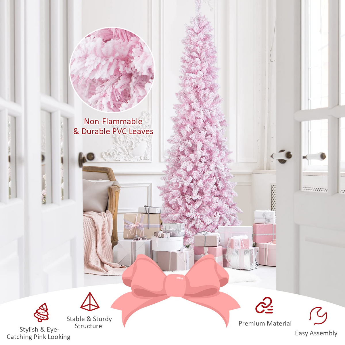 Lucktree 7ft Pre-Lit Pencil Christmas Tree, Snow Flocked Artificial Slim Tree with 800 Branch Tips - LucktreeUS