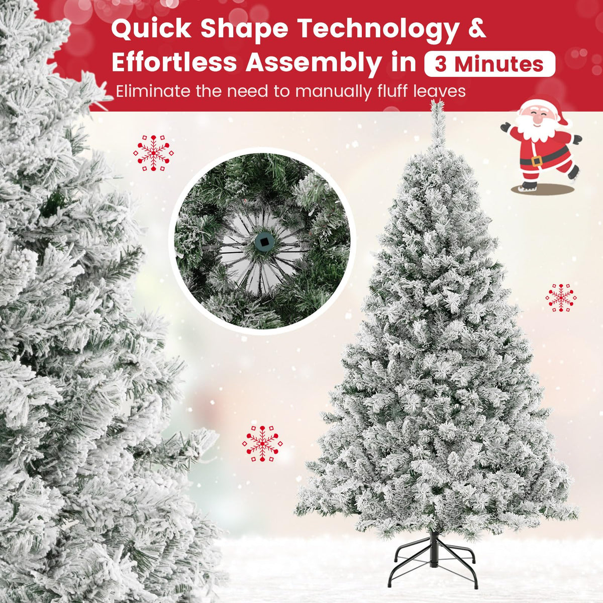 Lucktree 3-Minute-Setup Pre-Lit Snow Flocked Christmas Tree Artificial Hinged Xmas Tree