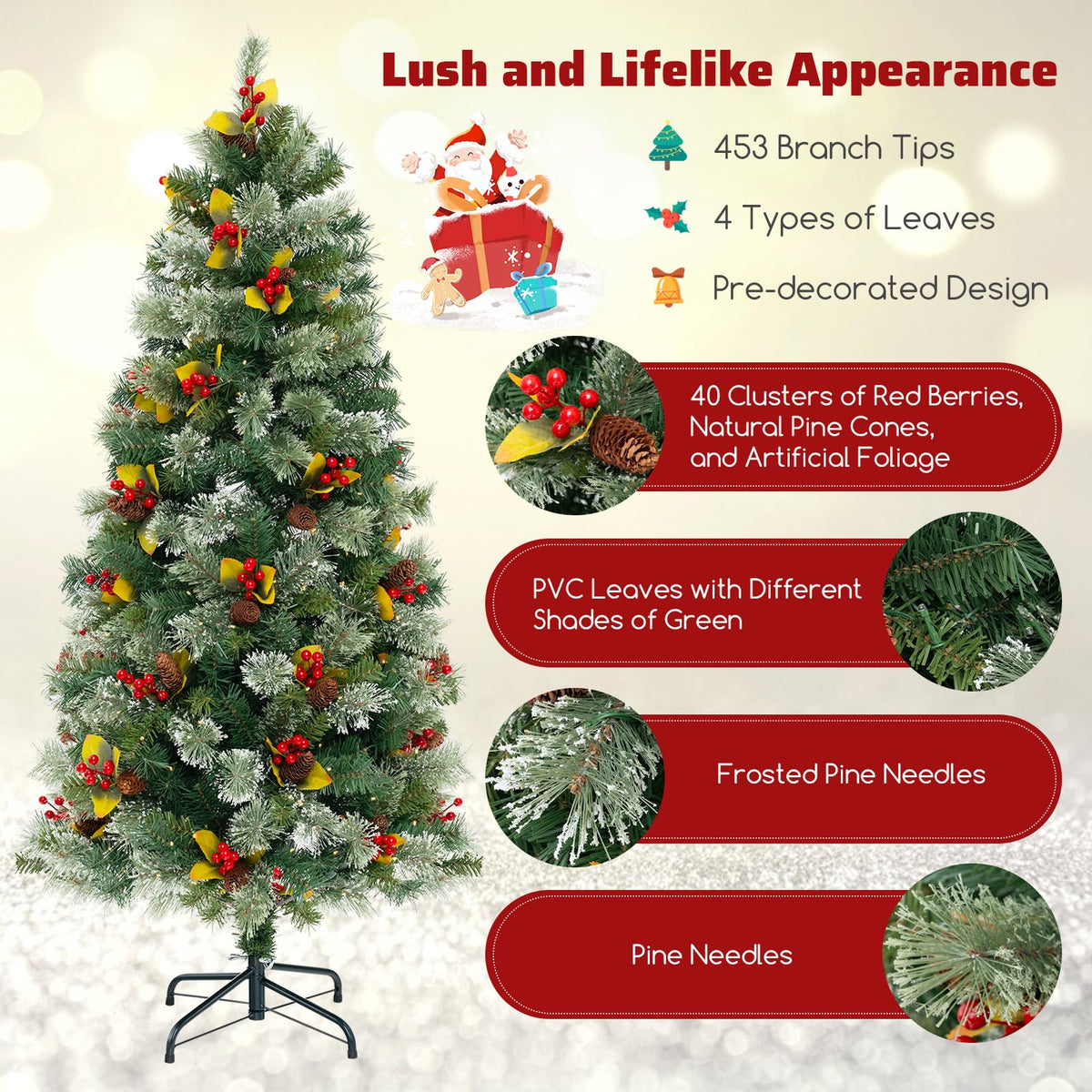 Lucktree 5ft Pre-Lit Artificial Christmas Tree, Hinged Xmas Tree with 453 PVC & Pine Needles